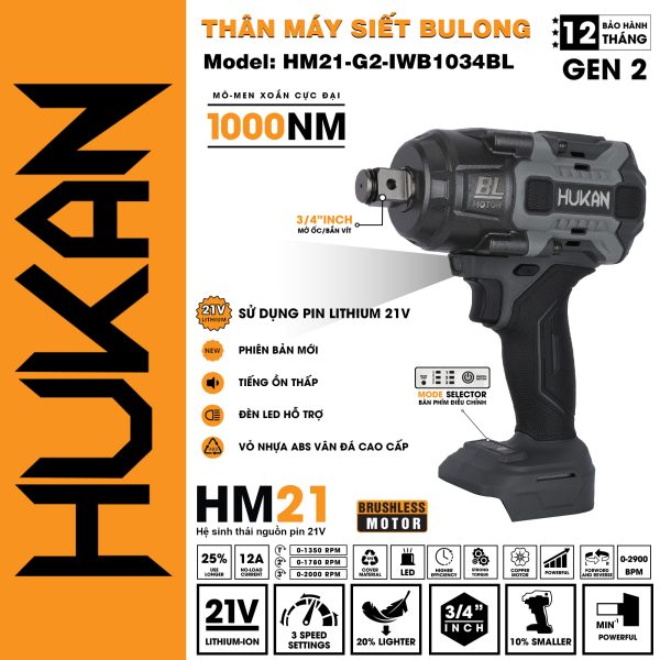 Thân máy siết bulong pin HM21-G2-IWB1034BL