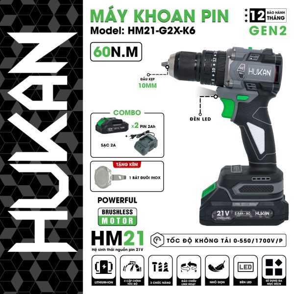 Máy khoan pin 3 chức năng đầu 10mm HM21-G2X-K6