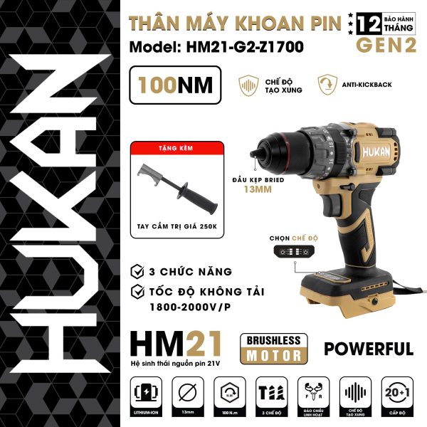 Thân máy khoan pin 13mm HM21-G2-Z1700 màu cafe
