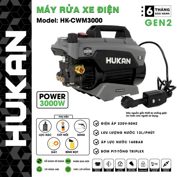 Máy Rửa Xe Điện 220V Hukan HK-CWM3000 Có Chỉnh Áp – Chống Giật – Màu Xám