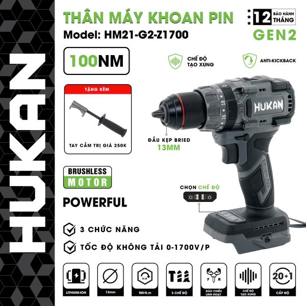 Thân máy khoan pin 13mm HM21-G2-Z1700 màu xám